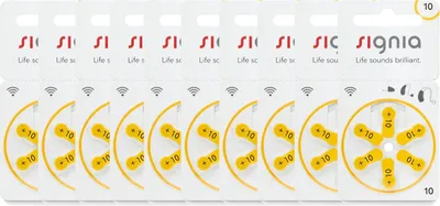 A package of Signia hearing aid batteries.