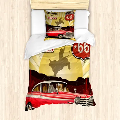 Produktbild von ABAKUHAUS Western Bettbezug Set für Einzelbetten, Texas Auto Cowboy Route 66, Milbensicher Allergiker geeignet mit Kissenbezug, Zinnoberrot Senf und Rotbraun