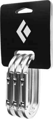 Drei silberne Schnappkarabiner im Oval-Keylock-Design; verpackt in einer schwarzen Blisterverpackung von Black Diamond.