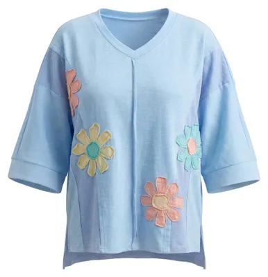 Produktbild von Damen Bluse mit V-Ausschnitt, Dreiviertelärmeln, aus Polyester-Baumwolle, Größe S, Blau