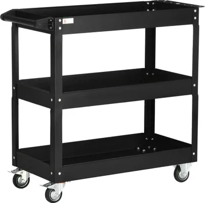 Produktbild von Werkzeugwagen - Rollwagen - 3 Ablagen - Seitengriff - 4 Räder - Kaltgewalzter Stahl - 83×35,3×76 cm - Schwarz