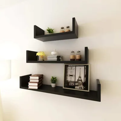 Image de Ensemble de 3 étagères murales en forme de U, idéal pour les livres et les DVD, en MDF noir