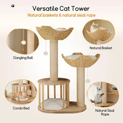 Image de Katzenbaum - Arbre à chat en 3 étages - Paniers douillets - Poteaux à gratter en sisal - 60x40x99 cm - Centre d'activité d'intérieur - Bois naturel, couleur blanche