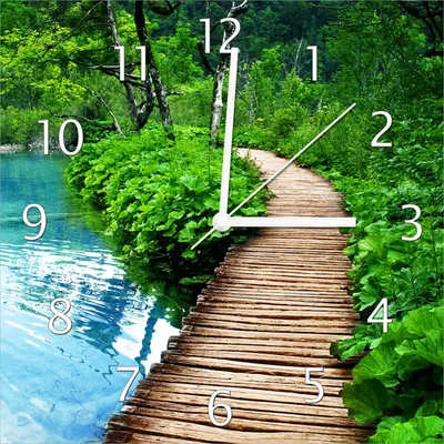 Produktbild von Wallario Design Wanduhr Holzweg im Wald aus Echtglas, Größe 30 x 30 cm