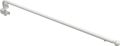 A white adjustable curtain rod with a mounting bracket and a decorative ball end.