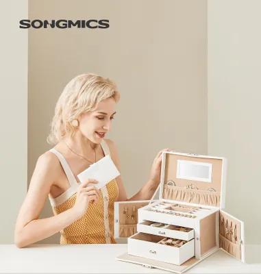 Image de SONGMICS Coffret à bijoux 3 niveaux, boîte à bijoux avec 2 tiroirs, verrouillable