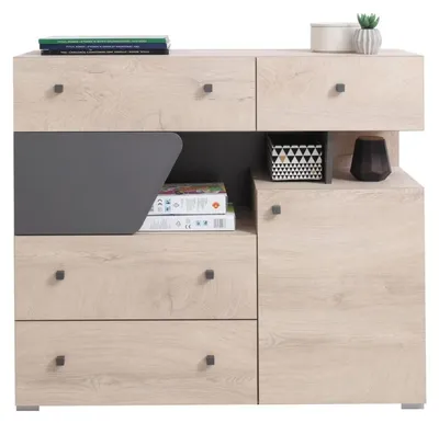 Produktbild von Jugendzimmer - Kommode Chiny 11, Farbe: Eiche / Grau - Abmessungen: 95 x 110 x 40 cm (H x B x T)