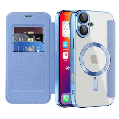 Image de Étui pour iPhone 16 Plus compatible MagSafe, étui transparent avec porte-cartes, étui en cuir avec protection de l'appareil photo Bleu clair