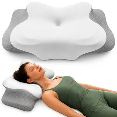 Image de Coussin orthopédique pour le cou, marque Linomag®, en mousse à mémoire de forme, offrant un soutien pour la nuque, les épaules et les bras, avec housse amovible, idéal pour les personnes dormant sur le côté ou sur le dos, couleur gris/blanc, dimensions : 62 x 37 x 9–14 cm