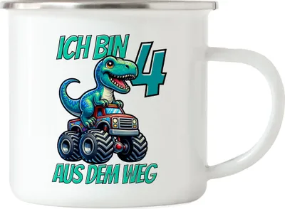 Produktbild von Kinder 4. Geburtstag Emaille Tasse Dino Dinosaurier Auto 4 Jahre Junge Monstertruck