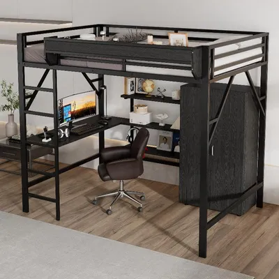 Zdjęcie produktu dla Łóżko piętrowe 140x200 cm, czarne, wykonane z żelaza i MDF, z biurkiem, szafą i miejscem do przechowywania, idealne do sypialni