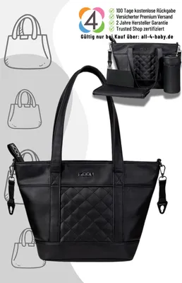 A collage of product images and marketing text for a black leather diaper bag.