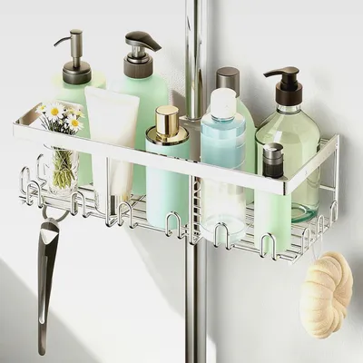 Produktbild von Duschablage Ohne Bohren, Duschregal für RUNDE Stangen 18mm-25mm Duschstange (Nicht für Quadratische/Rechteckige Stangen), Shampoo Halterung für Dusche mit 12 Haken