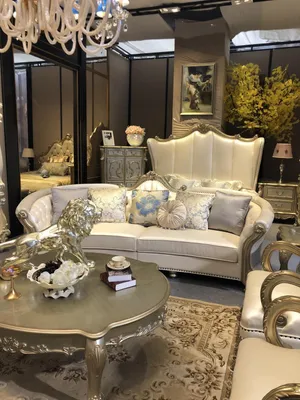 Produktbild von Rund Sofa Holz geschnitzte Viersitzer Couch Leder Chesterfield Wohn Möbel Barock