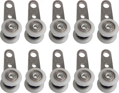 A set of ten sliding door rollers, presented against a white background.