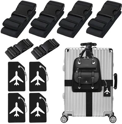 Produktbild von 4 Stück Stiefelträger, 4 Stück Stiefeletiketten und 2 Stück Gurte für zusätzliches Gepäck, Stiefelgurt, verstellbare Stiefelriemen, auffällige Koffergurte, schwarz