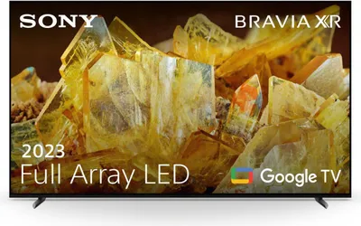 A Sony Bravia XR Full Array LED Google TV is displayed with a close-up of yellow crystals.