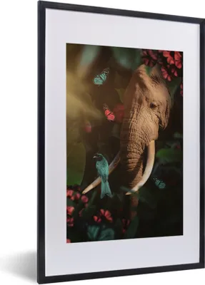 Produktbild von MuchoWow® MuchoWow® Gerahmtes Poster Elefant - Vogel - Schmetterling - Dschungel 40x60 cm - Poster mit zchwarzem Bilderrahmen - Poster in Rahmen