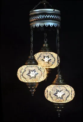 Produktbild von Türkische Hängelampe - Mozaiklampe - Marokkanische Lampe - Authentische Handarbeit - 3 bunte Glaskugeln - 80 cm hoch