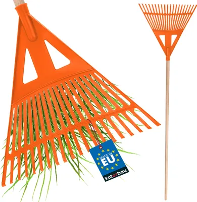 Produktbild von KOTARBAU® Laubrechen Kunststoff 43 cm mit Stiel Laubbesen Laubharke Gartenrechen Fächerbesen für Herbstlaub & Heckenschnitt Kunststoff Orange