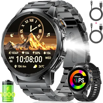Produktbild von Smartwatch Herren Militär 1,85" HD Touchscreen, 1000 mAh Akku, 110+ Sportmodi, LED-Licht, Herz- & Schlaftracking, IP68 Wasserdicht, 2 Armbänder