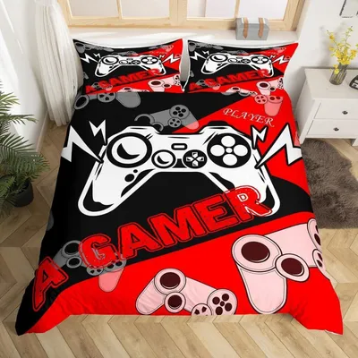 Productafbeelding van Beddengoedset Gamer, 220x240 cm, rood/zwart, met 2 kussenslopen van 80x80 cm, microvezel