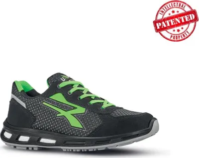 A black and green U-POWER safety shoe is shown against a white background, with a 'PATENTED INTELLECTUAL PROPERTY' stamp in the top right corner.