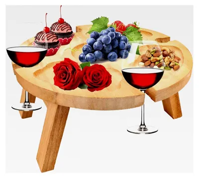 Produktbild von Klappbarer Picknicktisch aus Holz, Tragbarer Weintisch für Outdoor mit Rotweinglashalter und Dimsum Teller, Faltbarer Tisch für Garten, Reisen, Camping, Picknick und Strand