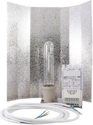 A grow light set including a reflector, a bulb, a ballast, and cables, arranged on a white background.