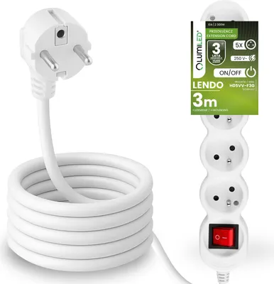 Produktbild von LUMILED Steckdosenleiste mit ON/OFF Schalter5-Fach Steckdose Typ E, 3m Kabel H05VV-F3G, Weiß, Mehrfachsteckdose E Stecker 10A 2300W 250V IP20 Halterung zum Aufhängen