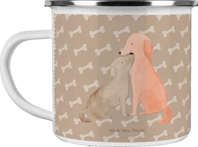 Produktbild von Mr. & Mrs. Panda Teetasse Hunde Liebe - Hundeglück - Geschenk, Emaille Becher, Reisebecher, Pott, Teebecher, Hund, Herz, Kuscheln, Liebespaar, Sprüche