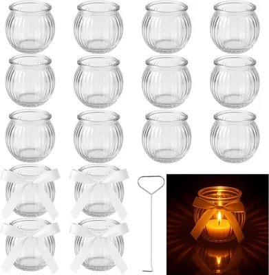 Image de Supports pour bougies en verre, lot de 16, dimensions : Ø 5,2 x H 5,5 cm, ornés de rubans blancs, pour la décoration de table
