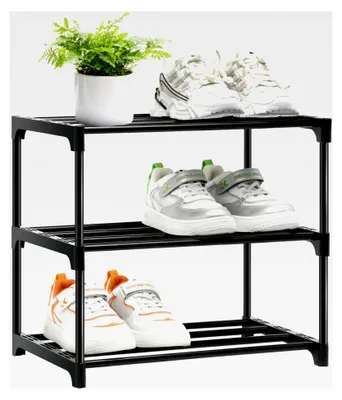 Produktbild von Schuhregal mit 3 Ebenen, kleine Metall-Schuhaufbewahrung, stapelbar für Flur, werkzeugfreie Montage