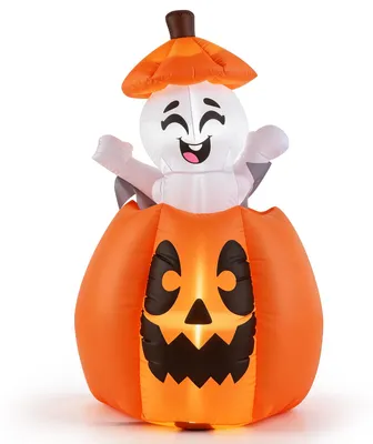 Produktbild von COSTWAY 150 cm aufblasbarer Halloween-Kürbis mit aufsteigendem Geist, Halloween-Dekoration mit LED-Beleuchtung, 2 integrierten Gebläsen, 4 Erdspießen