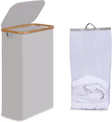 Image de Poubelle de 75 litres avec couvercle - gris clair - avec poignées en bambou