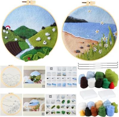 Productafbeelding van 2 sets naaldviltenset, viltkits voor beginners en volwassenen, startset voor naaldvilten, inclusief vilten stof, wol, fotolijst, naald