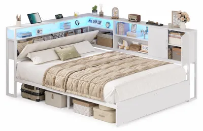 Produktbild von AODEMOKO Polsterbett 140 x 200 cm mit LED, Ladestation, Stauraum und Metall-Lattenrost, Weiß