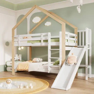 Produktbild von Flieks Etagenbett mit Rausfallschutz, Kinderbett mit Rutsche und Leiter, Hochbett mit Lattenrost, Hausbett Massivholzbett Stockbett 90x200cm, Weiß