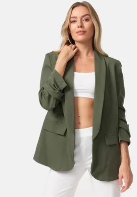 Produktbild von Rayshyne Stylischer Damen Business Blazer mit gerafften Ärmeln im 80ies Look Sakko PM22 Olive Einheitsgröße 34 - 38