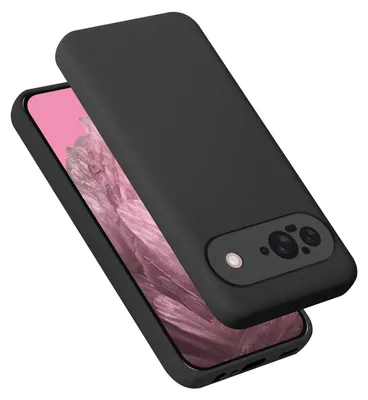 A black phone case is shown on a pink background.