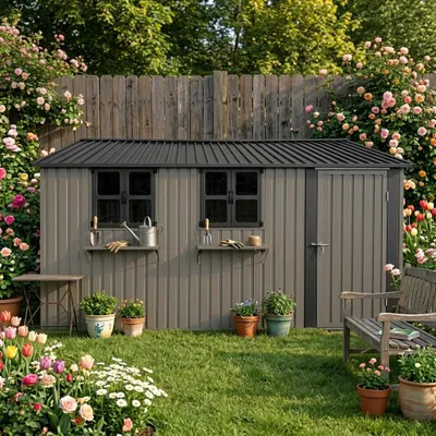 Productafbeelding van Gegalvaniseerde stalen tuinhuis, 359,4 cm x 284,2 cm (10,21 m²), bruin, met 3 openslaande ramen, afsluitbare dubbele deuren en een bloemenrek, waterdichte en weerbestendige buitenopslag