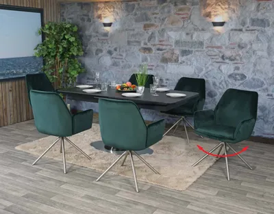 Immagine prodotto di set di 6 sedie da pranzo HWC-G67, braccioli per sedie da cucina, posizione girevole automatica, velluto  ~ verde, acciaio inox
