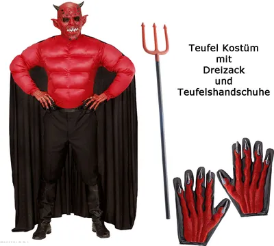 Produktbild von Herren Teufel Kostüm - Muskelshirt mit Umhang mit Dreizack + Handschuhe M - 50/52