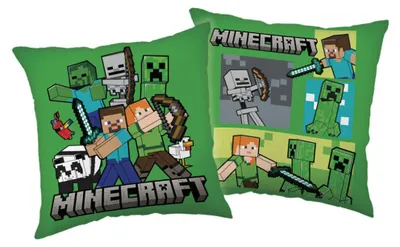 Imagen del producto de Cojín decorativo Minecraft, diseño de vida, 40x40 cm, con motivos de Steve, Alex y Creeper, color verde
