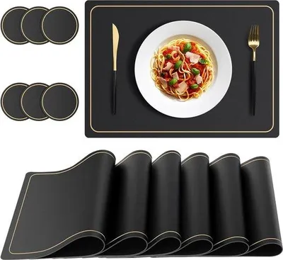 Produktbild von Famanu Platzsets und Untersetzer - 6-teiliges Set aus Kunstleder für Küche und Esstisch - Antirutsch und wasserfest - 45 x 32 cm - Schwarz
