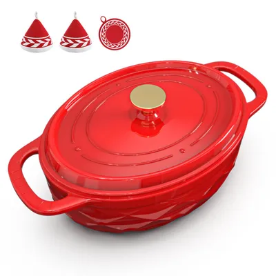 Image de Casserole en fonte (7,1 litres), forme ovale, incluant des gants de four et un tapis résistant à la chaleur, idéale pour la cuisson au four en cuisine, de couleur rouge
