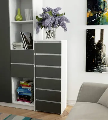Obrázok produktu pre Úzka šuplíková komoda VALESTRA - biela / tmavo šedá