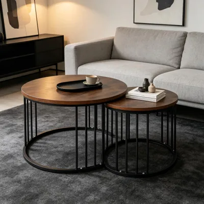 Produktbild von 2er Set Satztische,Rund Couchtisch Wohnzimmertisch aus Holz,Stapelbarer Beistelltisch Set,Tischkombination für Wohnzimmer,Büro, Balkon 60cm+40cm