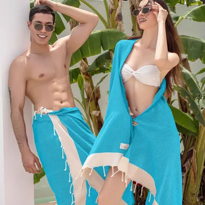 Immagine prodotto di Set di 2 asciugamani per sauna, dimensioni 100x200 cm, 100% cotone, colore turchese, ideali anche come teli da spiaggia