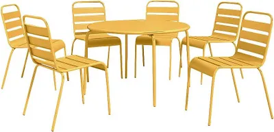 Produktbild von Garten-Esszimmergarnitur aus Metall – runder Tisch (Durchmesser 130 cm) und 6 Klappstühle – Senfgelb – MIRMANDE von MYLIA